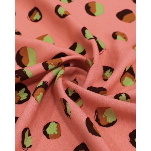 Tecido Viscose Pingos Irregulares Estampados Verde, Tons de Marrom e Rosa Claro