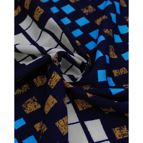 Tecido Viscose Texturizada Listras Geométricas Offwhite, Laranja e Tons de Azul