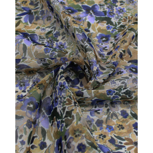 Tecido Crepe Chiffon Italiano com Lurex Tapete Floral Colorido e Branco