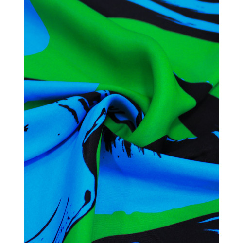 Tecido Viscose Acetinada Macro Estampa Abstrata Preto, Azul e Verde