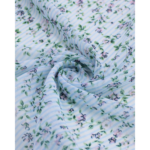 Tecido Crepe Chiffon Italiano Micro Flores em Listras Rosa Tons de Verde e Branco