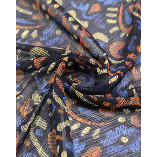 Tecido Crepe Chiffon Texturizado Italiano Estampa Absrata em Riscos Colorido e Preto