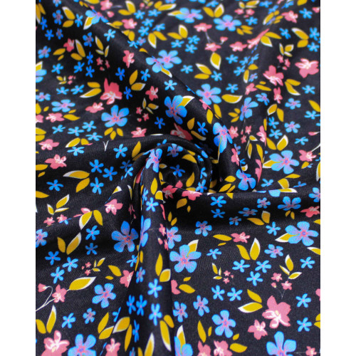 Tecido Viscose Acetinada Italiano Micro Tapete Floral Rosa, Azul e Preto