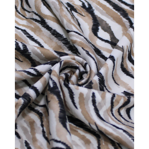 Tecido Viscose Italiana Listras Onduladas Preto, Tons de Bege e Branco