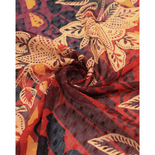 Tecido Crepe Chiffon Texturizado Italiano Brocado Listras Florais Muli Estampadas Tons de Vermelho