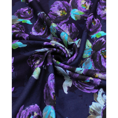 Tecido Viscose Acetinada Italiano Campo de Flores Roxo e Tons de Cinza