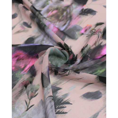 Tecido Crepe Chiffon Italiano Campo de Flores em Desfoque Colorido e Nude