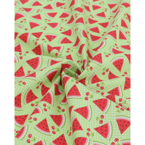 Tecido Tricoline Mista Micro Poá Branco, Cerejas e Melancias (1.4m)