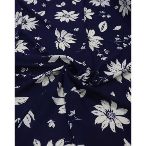 Tecido Crepe Koshibo Leve Margaridas Branco e Azul Marinho (0.5m)