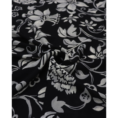 Tecido Crepe Koshibo Leve Multi Floral Offwhite, Tons de Cinza e Preto