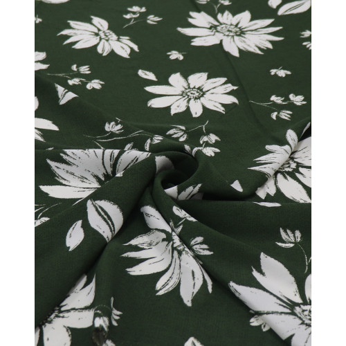 Tecido Crepe Koshibo Leve Margaridas Branco e Verde Militar