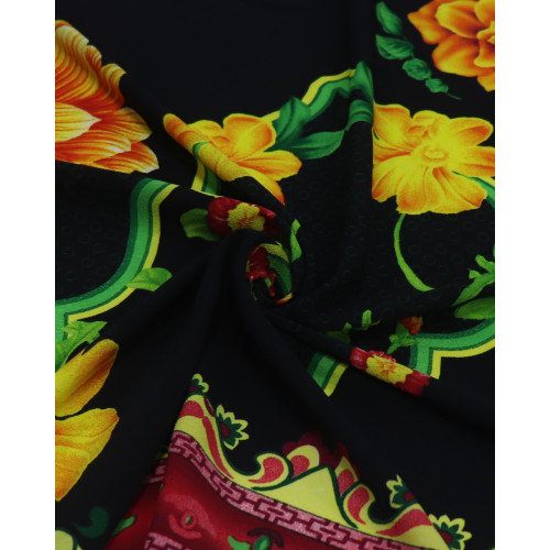 Tecido Crepe Bubble Barrado Duplo Macro Floral Tons Vibrantes e Preto