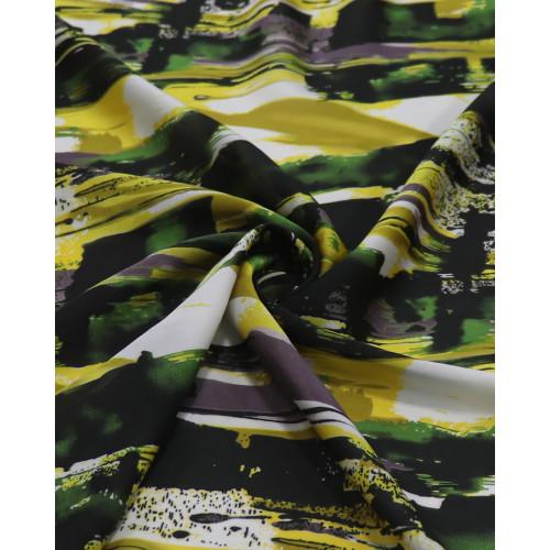 Tecido Crepe Silk Pinceladas Abstratas Amarelo, Verde e Branco