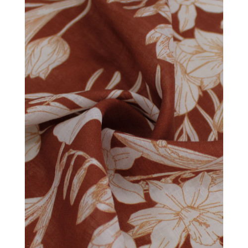 Tecido Linho Puro Italiano Ramos Florais Branco e Castanho