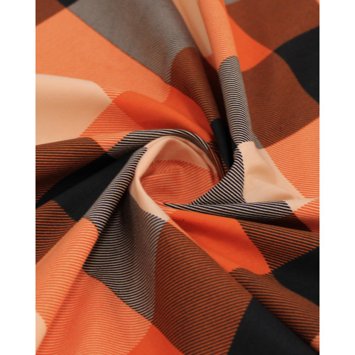 Tecido Tricoline Xadrez Irregular Pêssego, Preto e Laranja