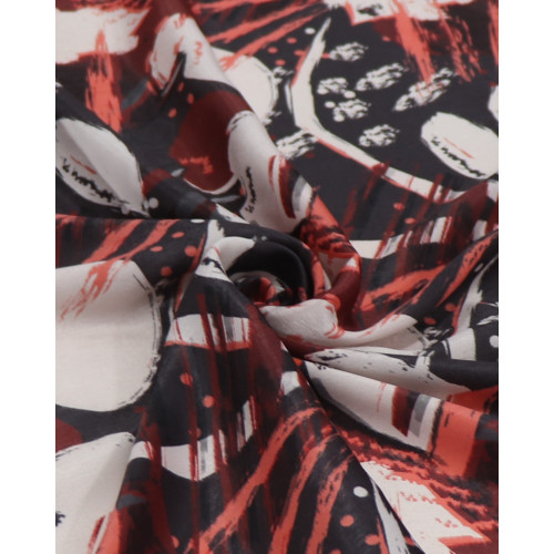 Tecido Crepe Acetinado Italiano Pintura Abstrata Bege, Marsala e Preto