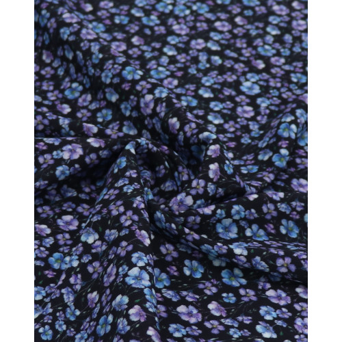 Tecido Crepe de Viscose Italiano Campo Floral Azul, Lilás e Preto