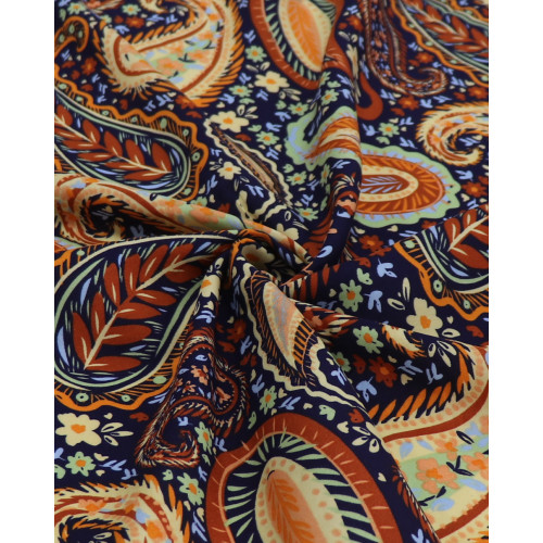 Tecido Viscose Paisley Floral Colorido e Azul Marinho Noite