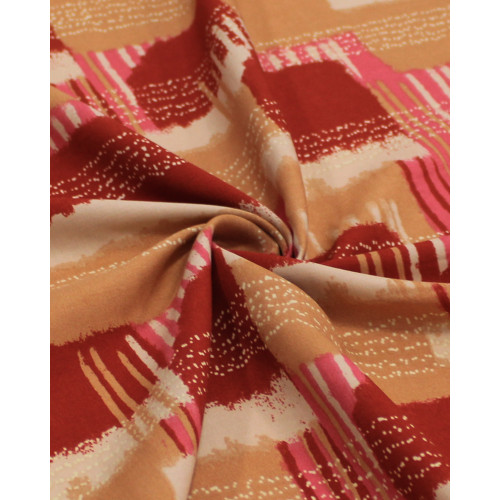 Tecido Viscose Geomértico Vermelho, Argila e Rosa e Listras Pontilhadas