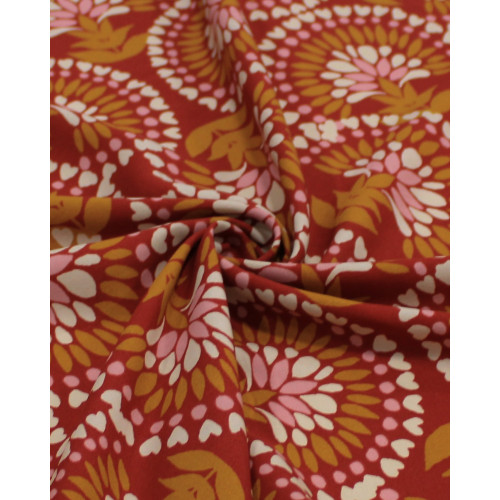Tecido Viscose Arcos e Corações Offwhite, Caramelo e Vermelho