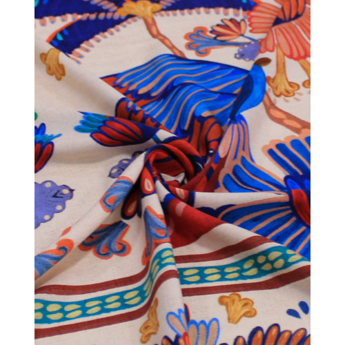 Tecido Viscose Premium Barrado Duplo Tropical Vermelho, Azul e Bege