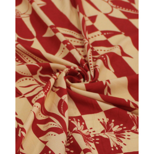 Tecido Viscose Barrado Duplo Estampa Tropical Listrado Vermelho e Creme