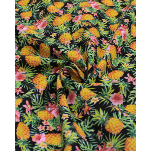 Tecido Tricoline Mista Abacaxi e Flores Amarelo, Rosa, Verde e Preto