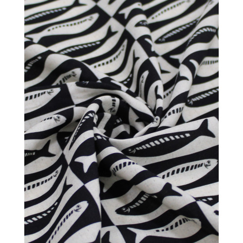 Tecido Viscose Premium Sardine Geométrico Preto e Cru