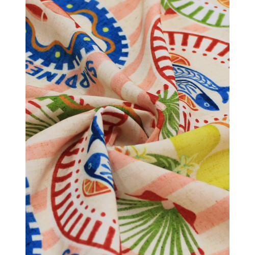 Tecido Viscose Premium Multi Estampado em Listras Sardine Tropical Colorido e Cru