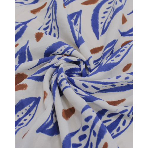 Tecido Crepe Koshibo Macro Folhas Marrom, Azul e Offwhite