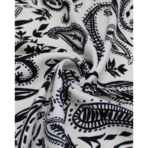 Tecido Crepe Sarjado Cashmere Estampado Preto e Offwhite