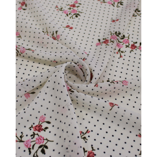 Tecido Crepe Chiffon Grosso Micro Poá e Rosas Preto, Vermelho e Offwhite