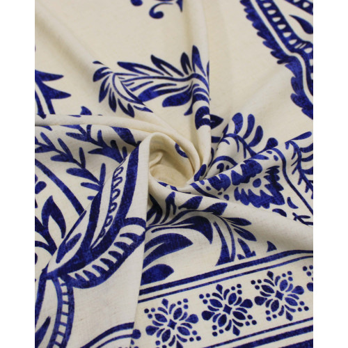Tecido Viscose Premium Barrado Macro Paisley Estampado Azul e Offwhite