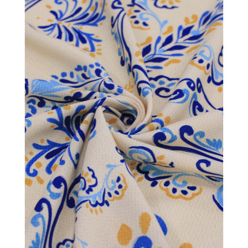 Tecido Viscose Premium Estampa Arabesco Amarelo, Azul e Bege