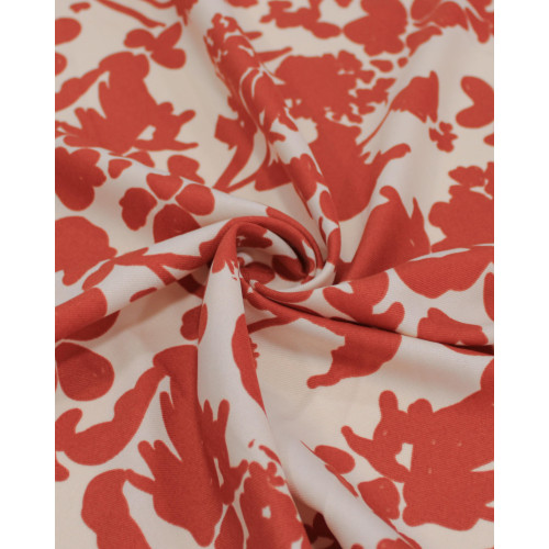 Tecido Crepe Sarjado Ramos Abstratos Vermelho e Pêssego
