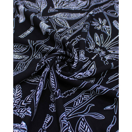 Tecido Crepe Koshibo Ramos Abstratos em Listras Branco e Preto