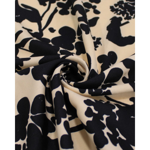 Tecido Crepe Sarjado Ramos Abstratos Preto e Pêssego