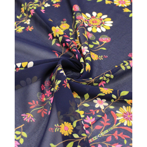 Tecido Crepe Chiffon Grosso Buquês Florais Colorido e Preto