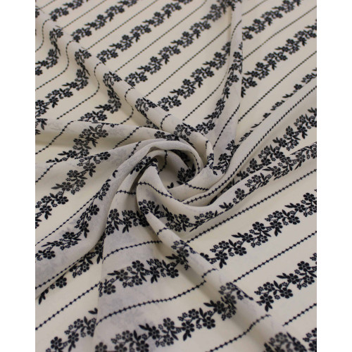 Tecido Crepe Chiffon Grosso Micro Flores em Listras Preto e Creme