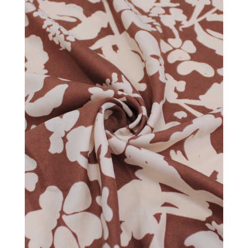 Tecido Crepe Sarjado Ramos Abstratos Pêssego e Castanho