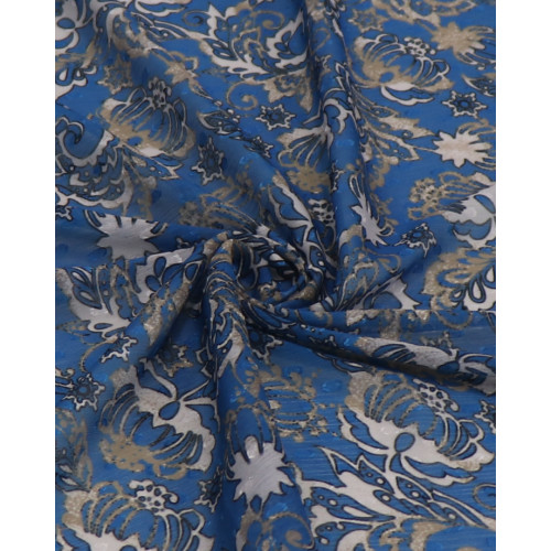 Tecido Crepe Chiffon Texturizado Italiano Brocado Ramos e Arabescos Tons de Bege e Azul