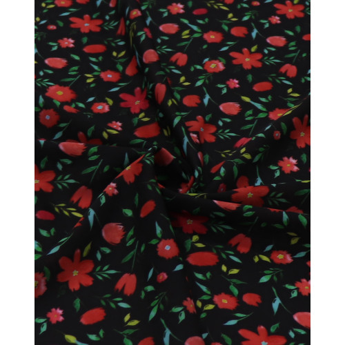 Tecido Crepe Misto Italiano Tapete Floral Verde, Vermelho e Preto