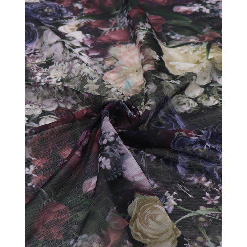 Tecido Crepe Chiffon Texturizado Italiano Tapete Floral Colorido e Preto