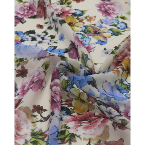 Tecido Crepe Chiffon Toque de Seda Italiano Multi Floral Colorido e Pêssego