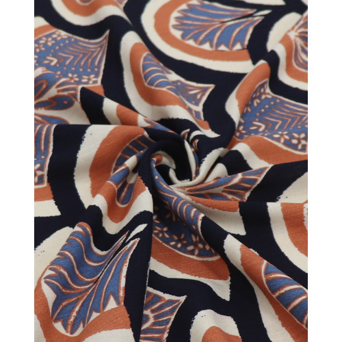 Tecido Viscose Texturizada Arcos Estampados Azul, Argila e Bege