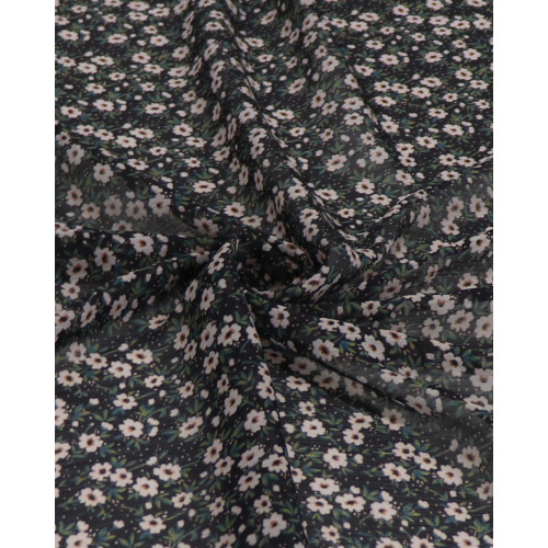Tecido Crepe Chiffon Texturizado Italiano Micro Tapete Floral Verde, Rosé e Preto