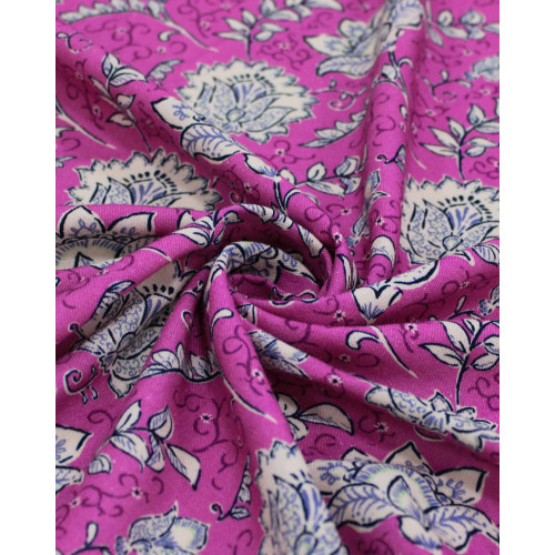 Tecido Linho Misto Rústico Premium Ramos Florais Offwhite e Fúcsia