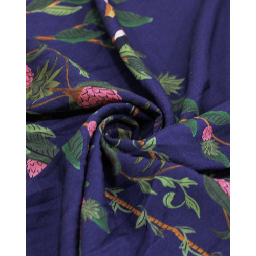 Tecido Viscose Premium Barrado Estampa Lenço Flora e Fauna Colorido e Azul Marinho Noite
