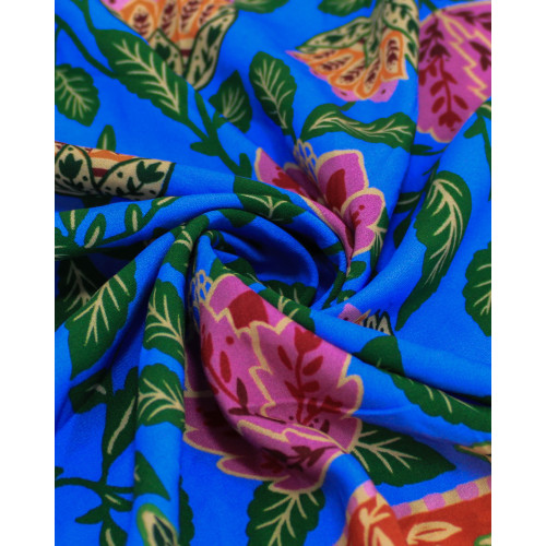 Tecido Viscose Premium Barrado Duplo Macro Floral e Ramos Colorido e Azul