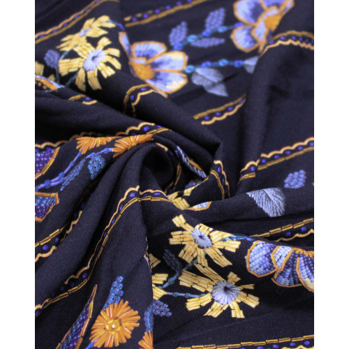 Tecido Viscose Premium Multi Listras Florais Tons de Azul, Amarelo e Preto